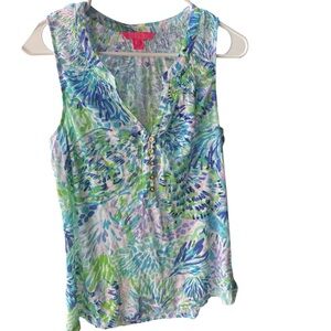 Lilly Pulitzer Essie Tank Top Shell of a Party Blue Size M Sleeveless Printed